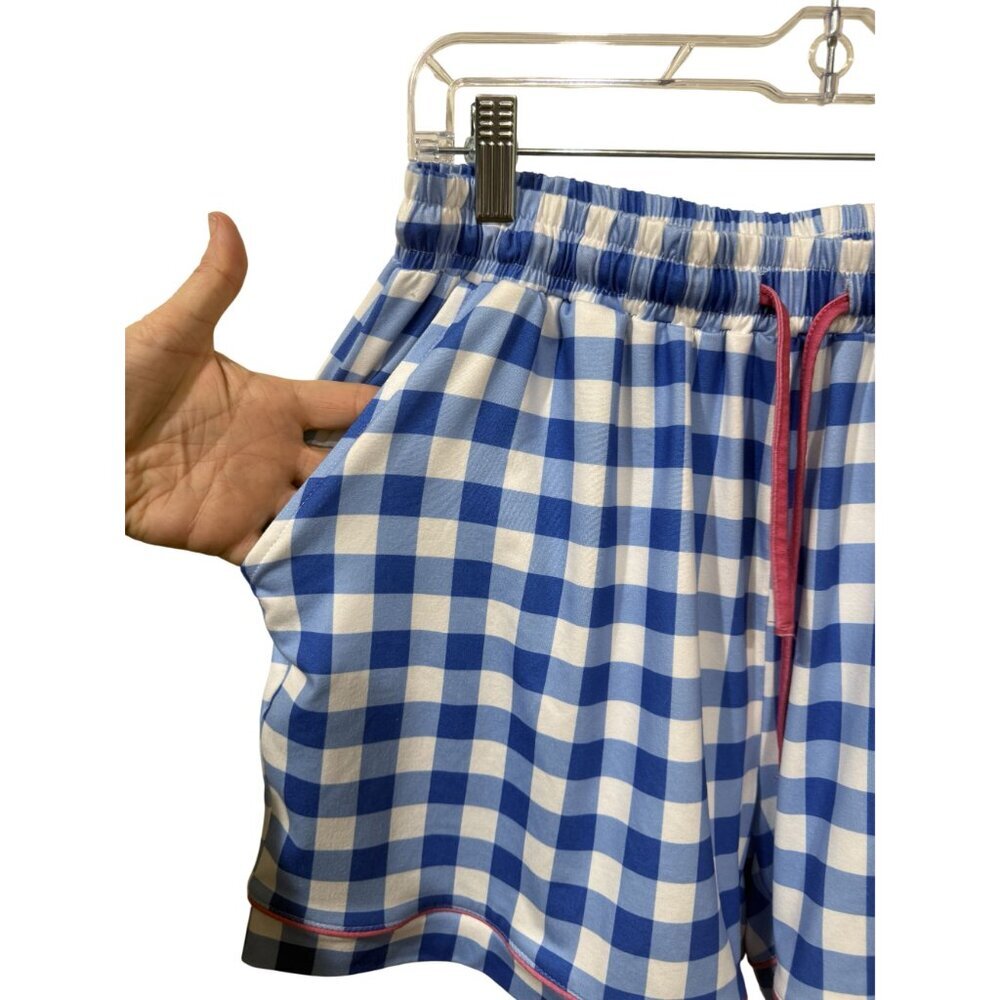 Blue & White Checkered Pajama Set With pink Piping By Blakeley L/XL Button-Up To - Picture 5 of 6